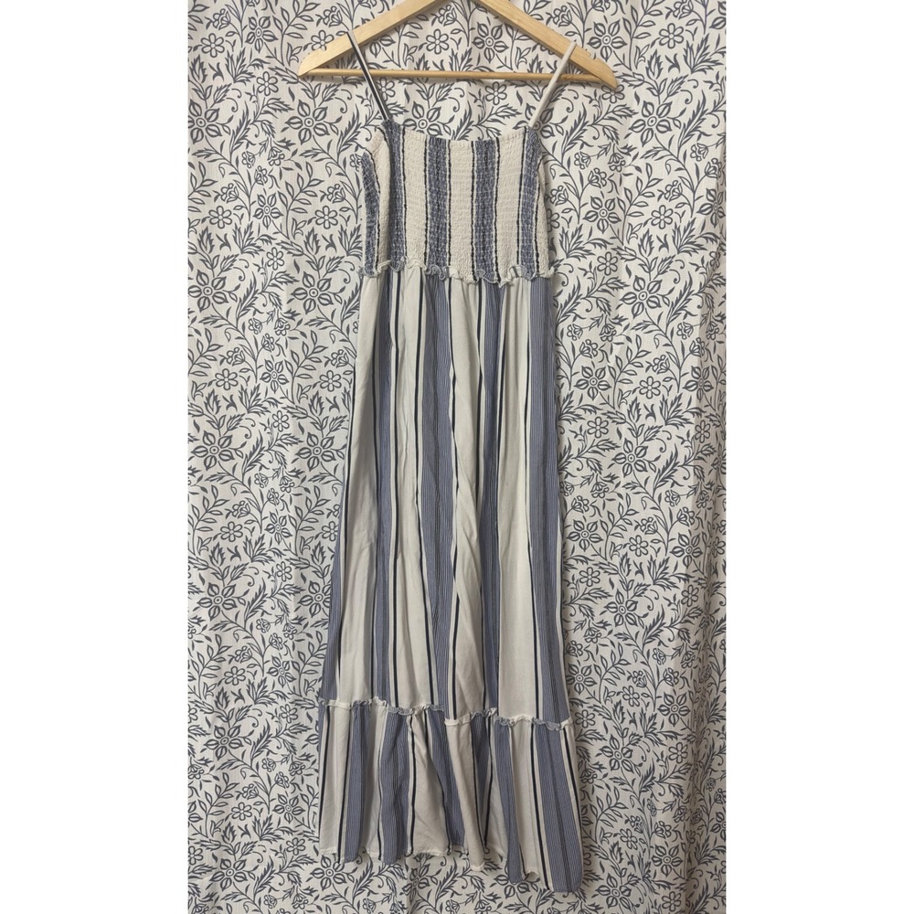 Blue White Striped Smocked Bodice Tiered Maxi Dress Womens Boho Summer Sun Dress